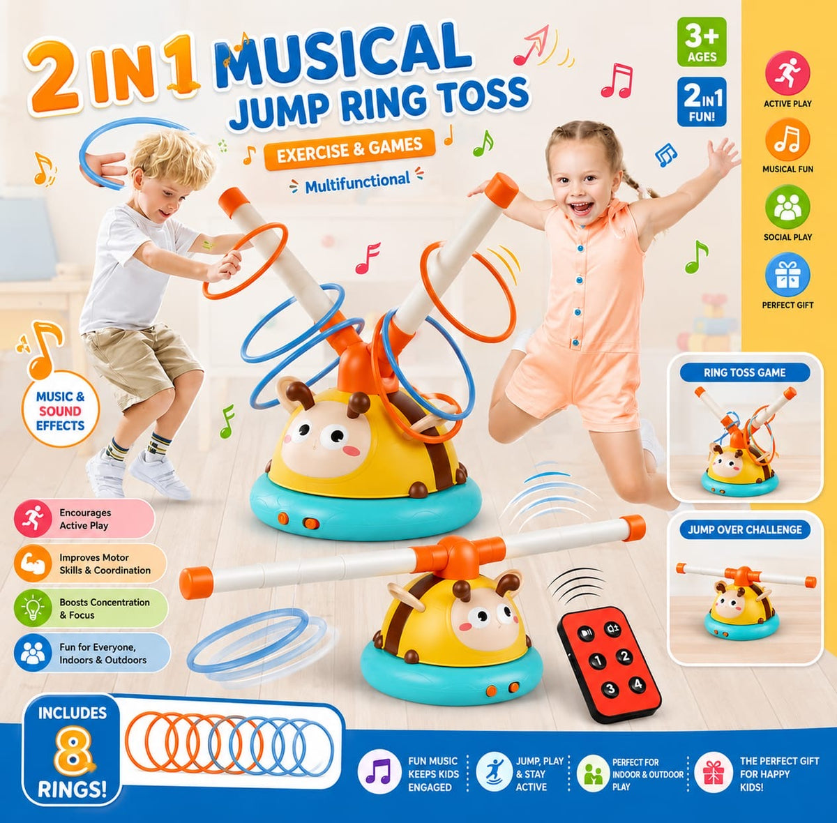 2 in 1 Kids Exercise & Games - Musical Rope Skipping + Ring Toss - Sports Toy