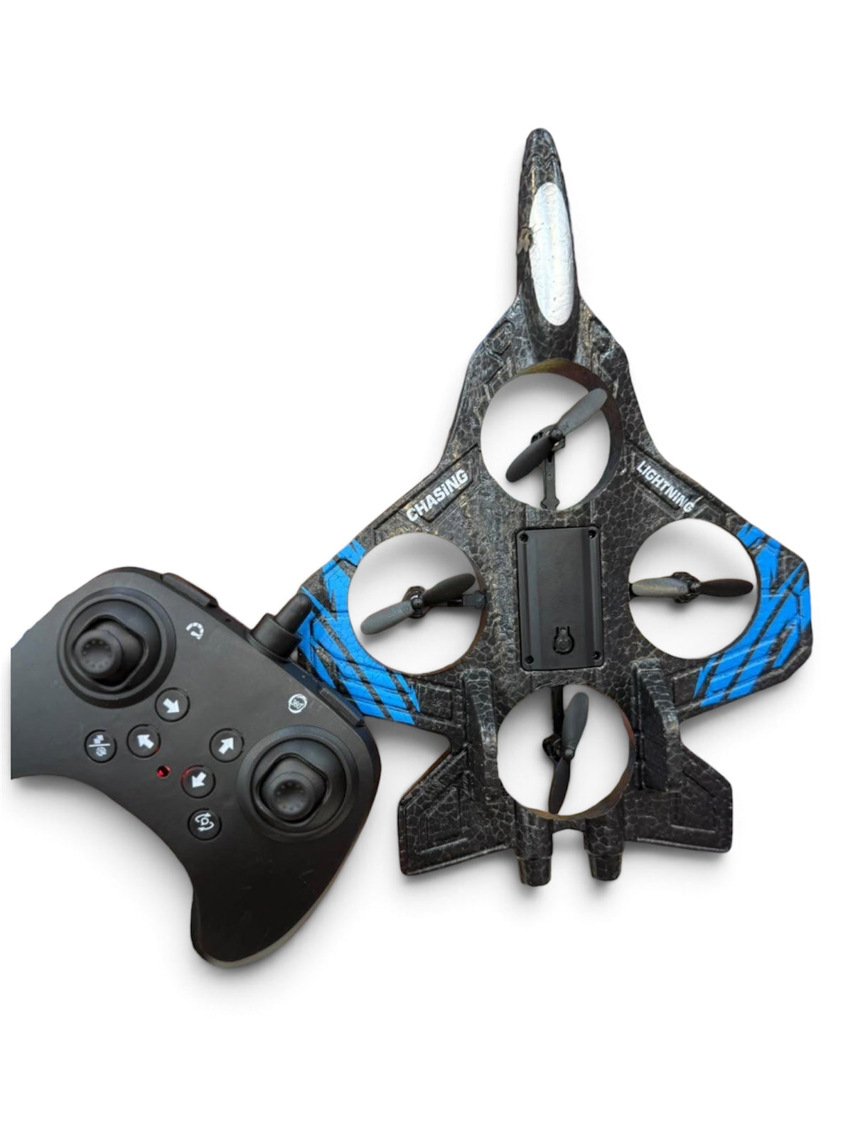 Type-C Rechargeable Remote Control Combat Aircraft Drone Toy | Fighter Jet Quadcopter with 360° Stunt Roll & LED Lights.

(Thermocol Body)