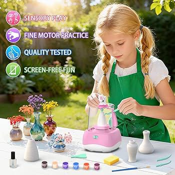 Play House Mini Pottery Studio, includes a mess-free pottery machine, air-dry clay, molding tools, and vibrant paint colors