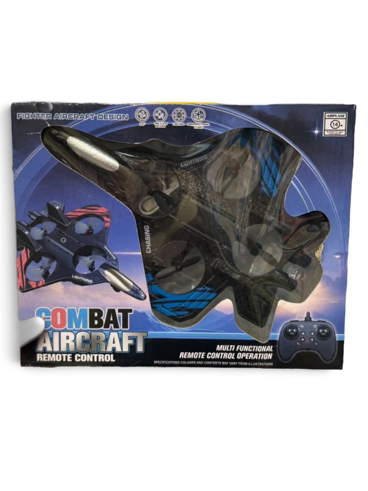 Type-C Rechargeable Remote Control Combat Aircraft Drone Toy | Fighter Jet Quadcopter with 360° Stunt Roll & LED Lights.

(Thermocol Body)