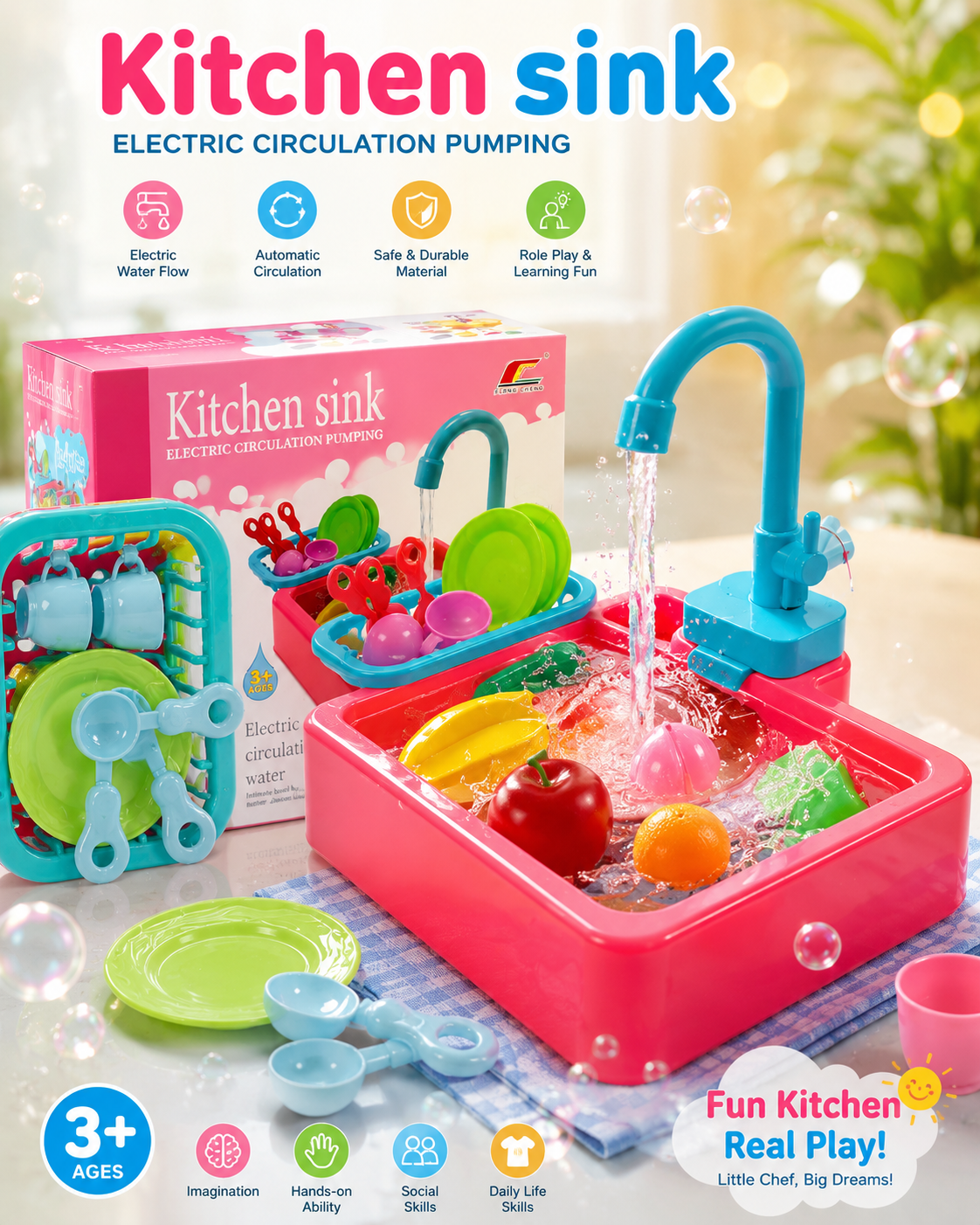 Kitchen sink toy featuring an electric circulation pump for real running water