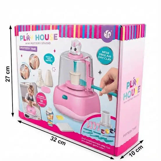 Play House Mini Pottery Studio, includes a mess-free pottery machine, air-dry clay, molding tools, and vibrant paint colors