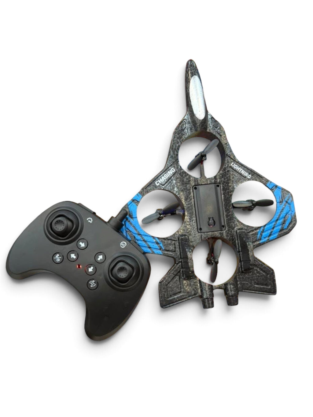 Type-C Rechargeable Remote Control Combat Aircraft Drone Toy | Fighter Jet Quadcopter with 360° Stunt Roll & LED Lights.

(Thermocol Body)