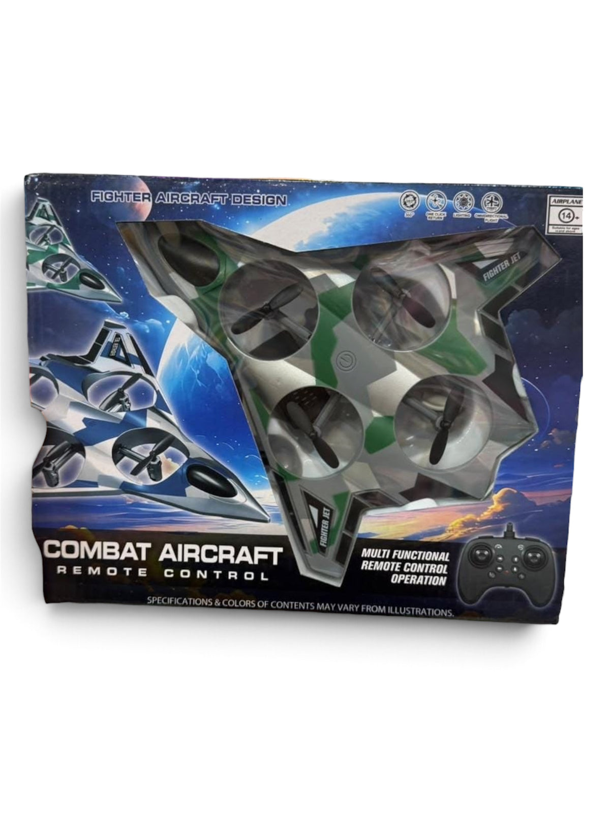 Type-C Rechargeable Remote Control Combat Aircraft Drone Toy | Fighter Jet Quadcopter with One-Click Takeoff, 360° Stunts & LED Lights.

(Plastic Body)